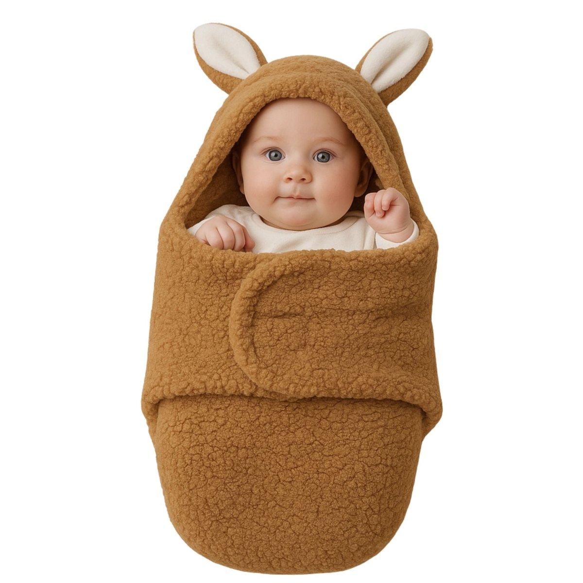 Nid d’ange cosy mini marron avec capuche oreilles, bébé éveillé sur fond blanc