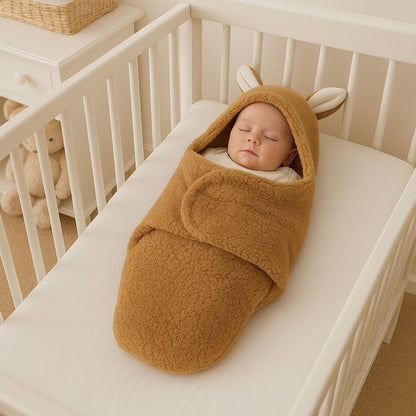 Nid d’ange cosy mini marron avec capuche oreilles, bébé endormi dans un lit à barreaux