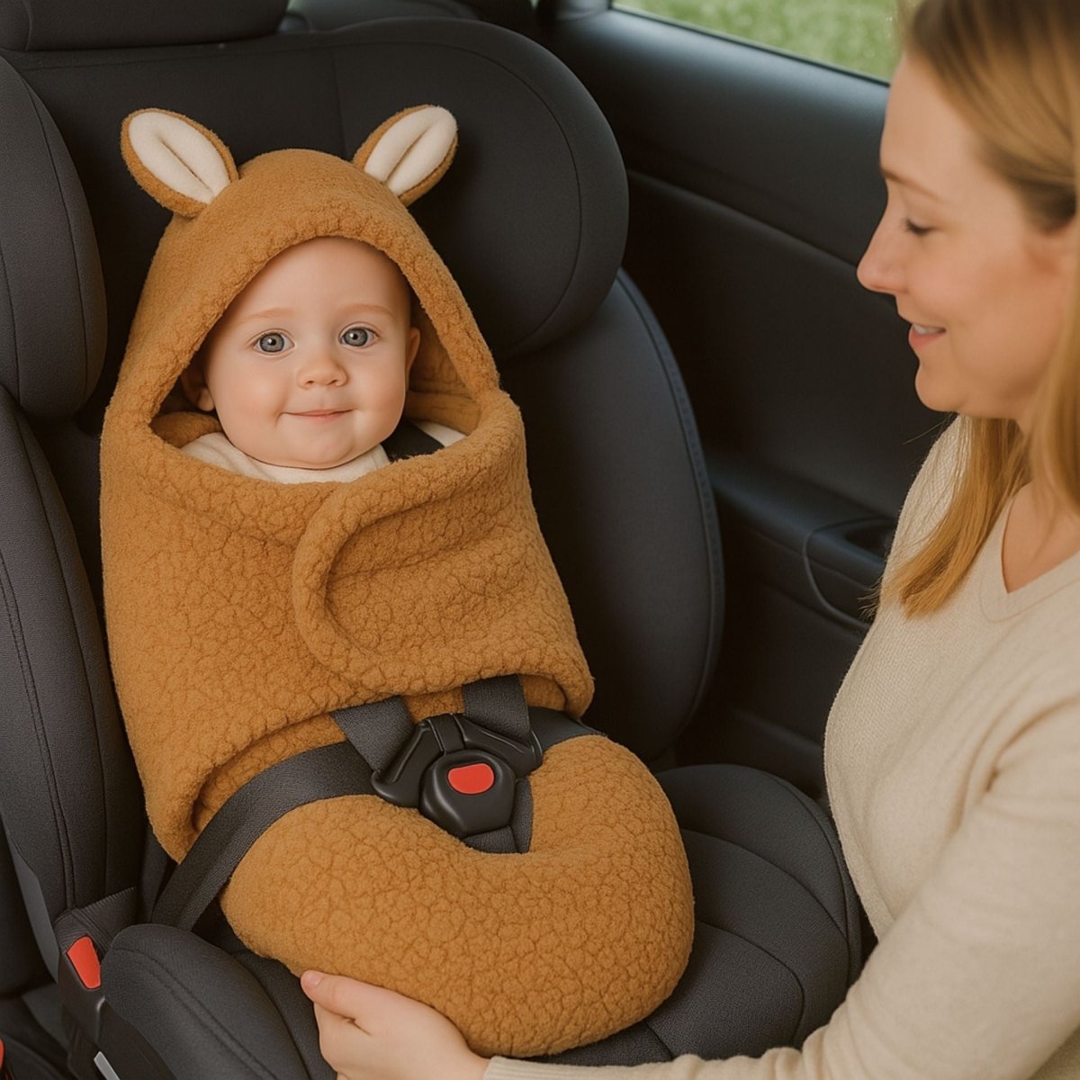 Nid d’ange cosy mini marron avec capuche oreilles, bébé souriant attaché dans un siège auto