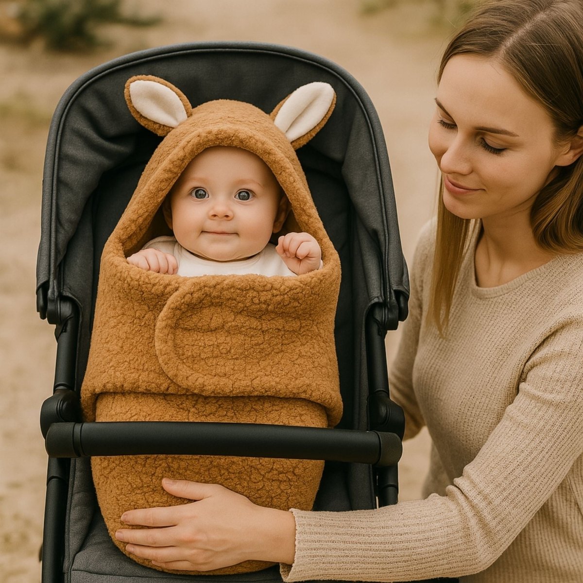 Nid d’ange cosy mini marron dans une poussette, bébé éveillé regardant sa maman