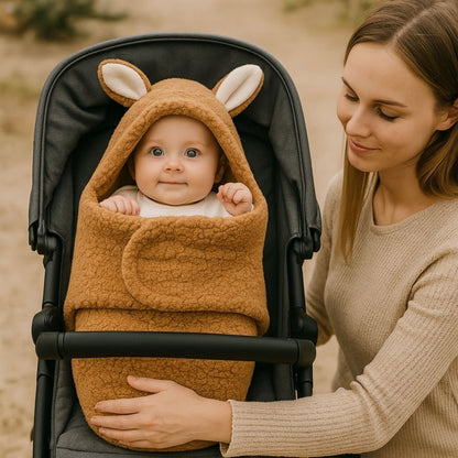 Nid d’ange cosy mini marron dans une poussette, bébé éveillé regardant sa maman