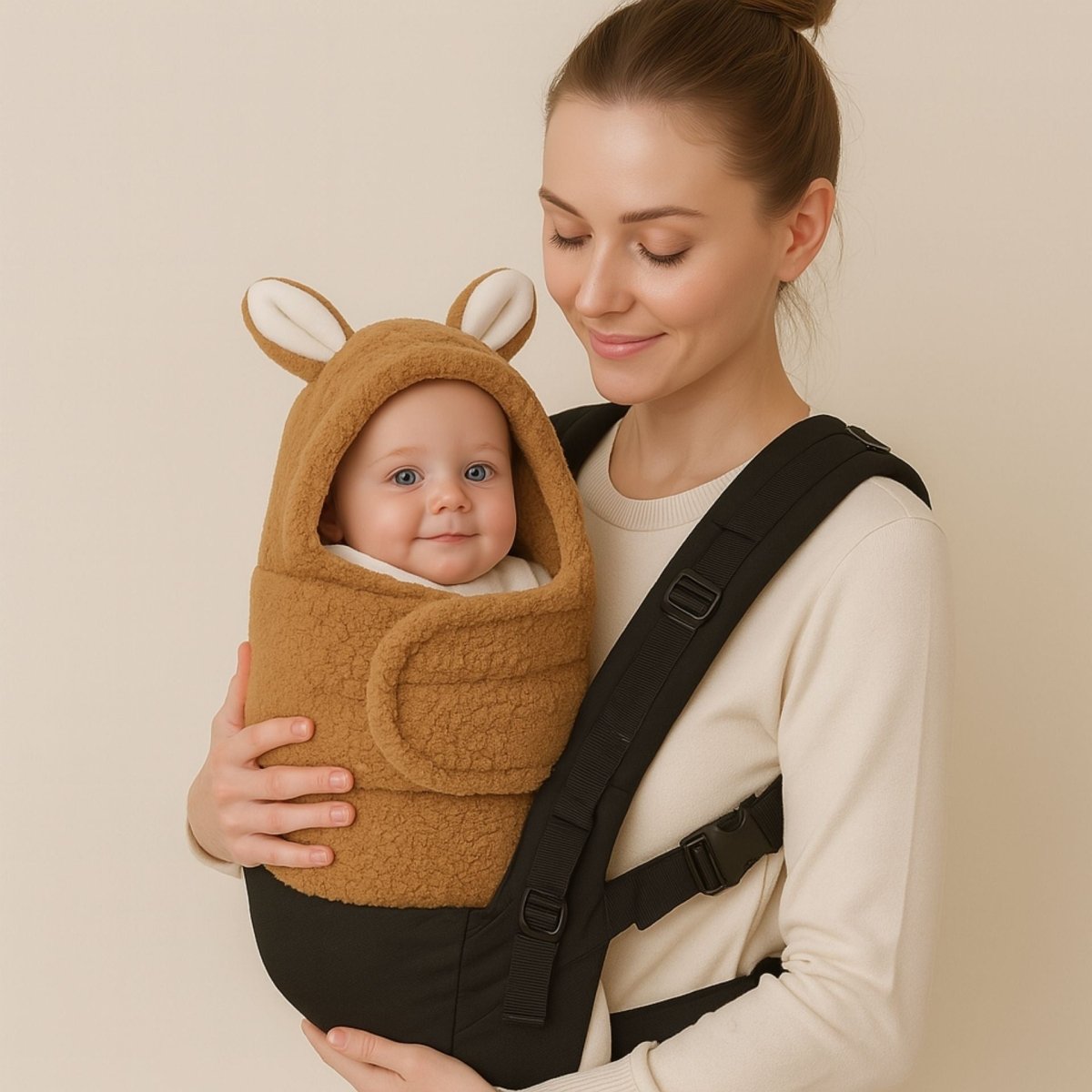 Nid d’ange cosy mini marron porté contre maman avec harnais, bébé souriant
