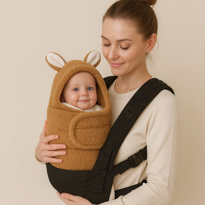 Nid d’ange cosy mini marron porté contre maman avec harnais, bébé souriant
