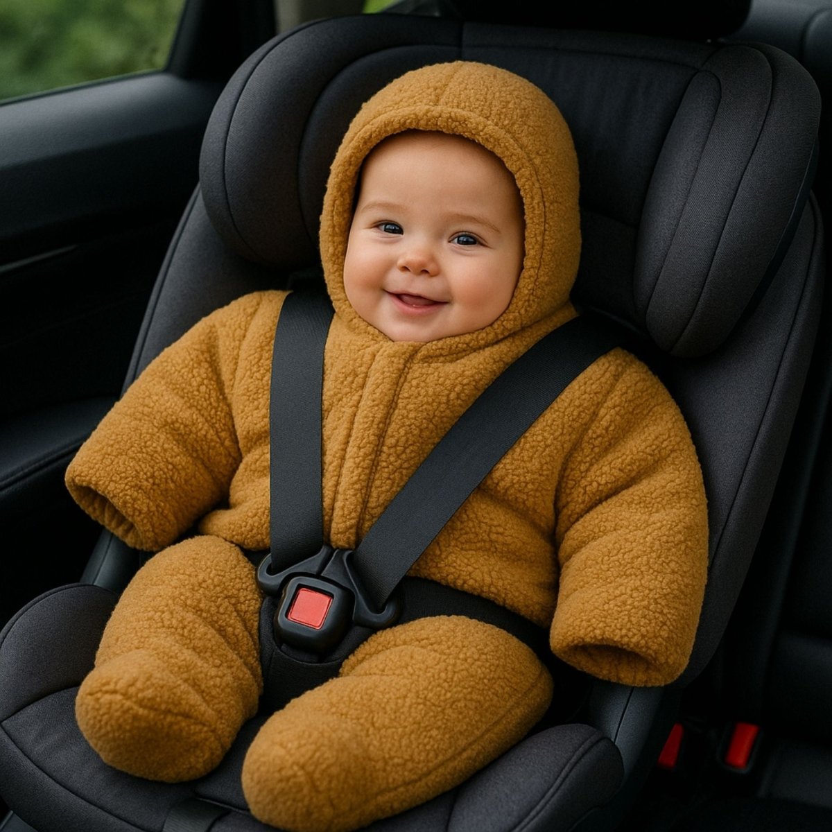 nid d’ange cosy camel installé dans un siège auto, bébé souriant attaché en toute sécurité

