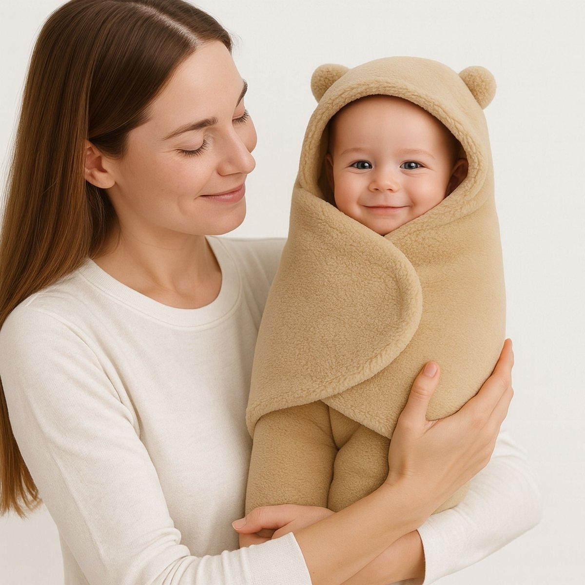bébé dans un nid d’ange beige à capuche, porté par une maman, cocon doux et sans motif, style épuré