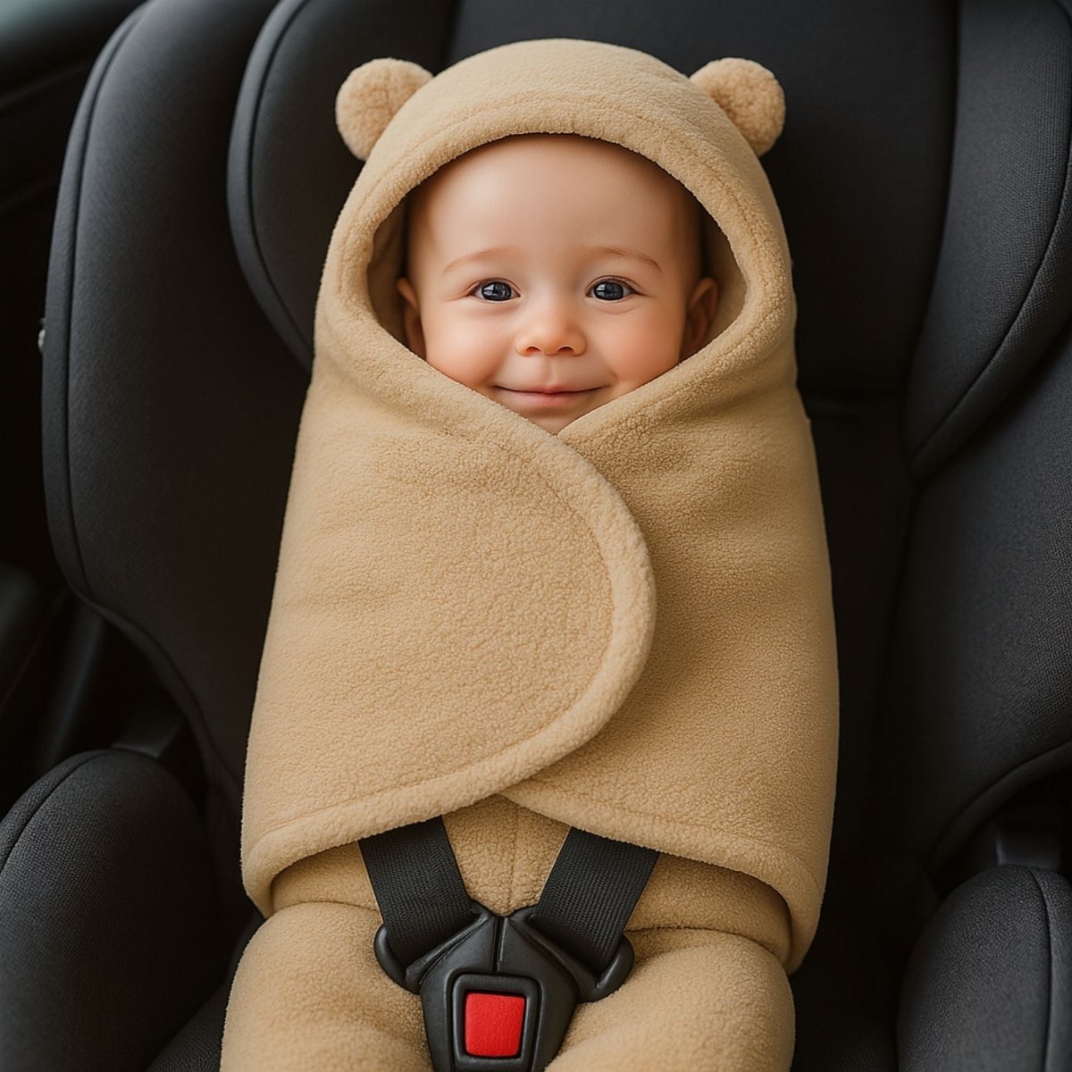 nid d’ange beige en ouate douce, bébé installé dans un cosy noir, capuche avec oreilles et look minimaliste