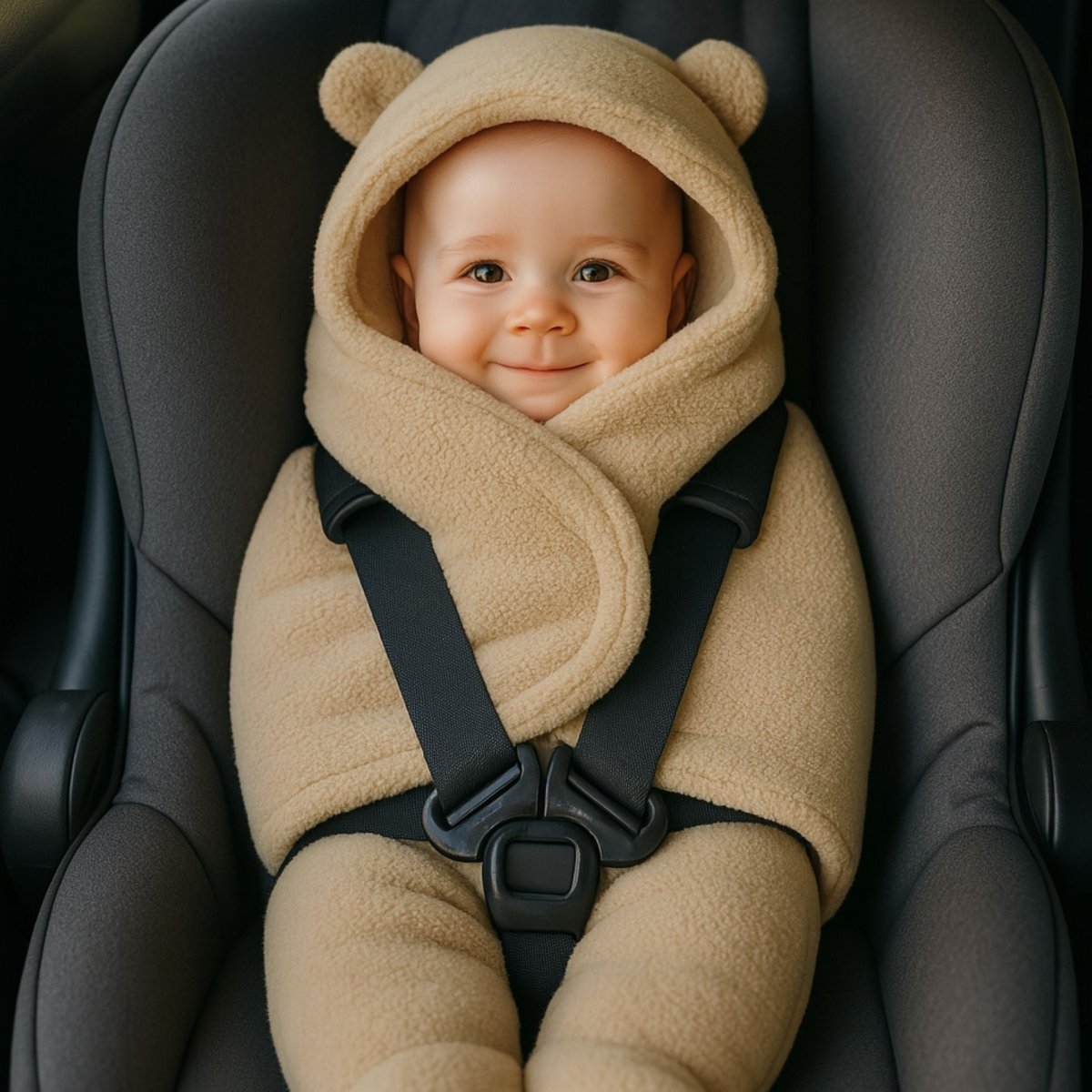 bébé bien installé dans un nid d’ange beige sobre, ceinturé dans un siège auto gris, capuche lisse et cocon rassurant