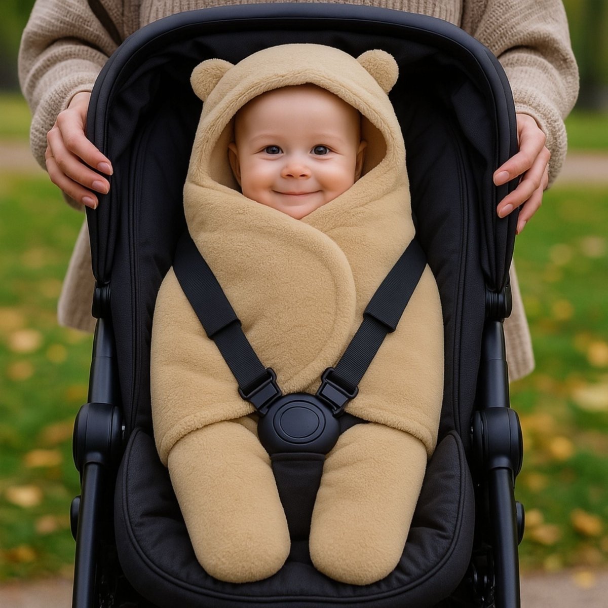 nid d’ange beige complet dans une poussette, bébé souriant et bien enveloppé dans un cocon sobre à capuche