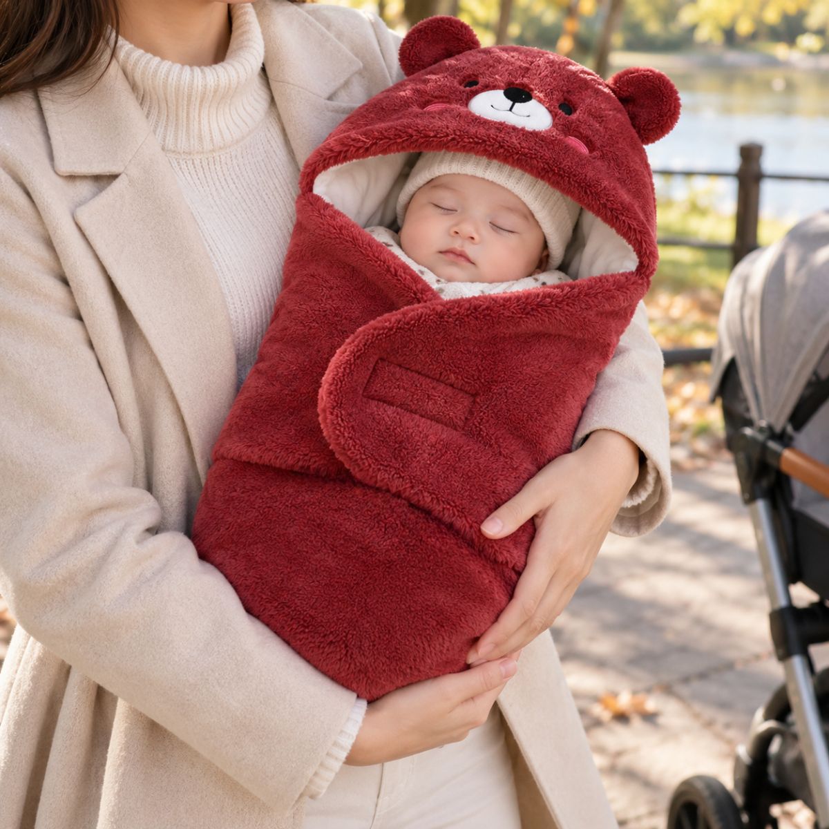 Bébé installé dans un nid d'ange 0 à 6 mois bordeaux avec rabat fermé et capuche à oreilles