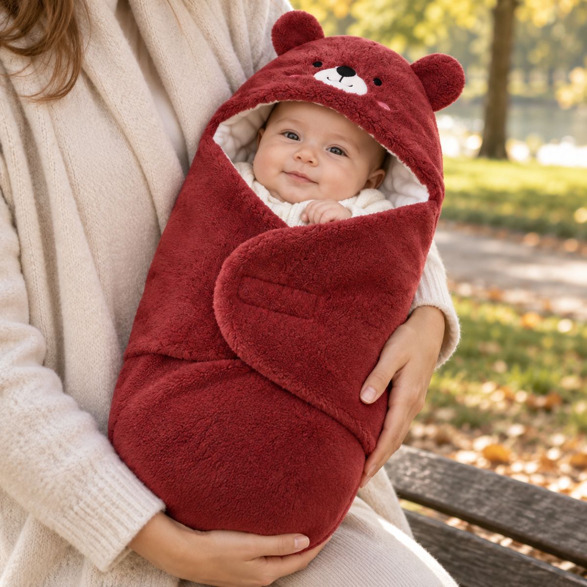 Bébé installé dans un nid d'ange 0 à 6 mois bordeaux en forme enveloppante avec motif ourson