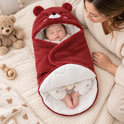 Bébé installé dans un nid d'ange 0 à 6 mois bordeaux avec partie basse ouverte et capuche à oreilles