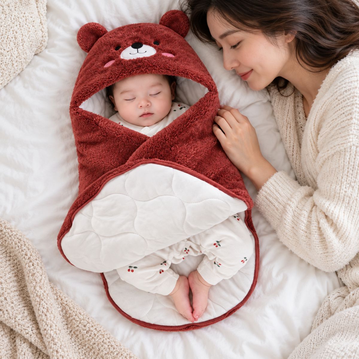 Bébé installé dans un nid d'ange 0 à 6 mois bordeaux avec rabat croisé ouvert et motif ourson