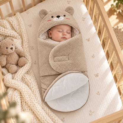 Bébé installé dans un nid d'ange 0 à 6 mois gris clair avec capuche à oreilles