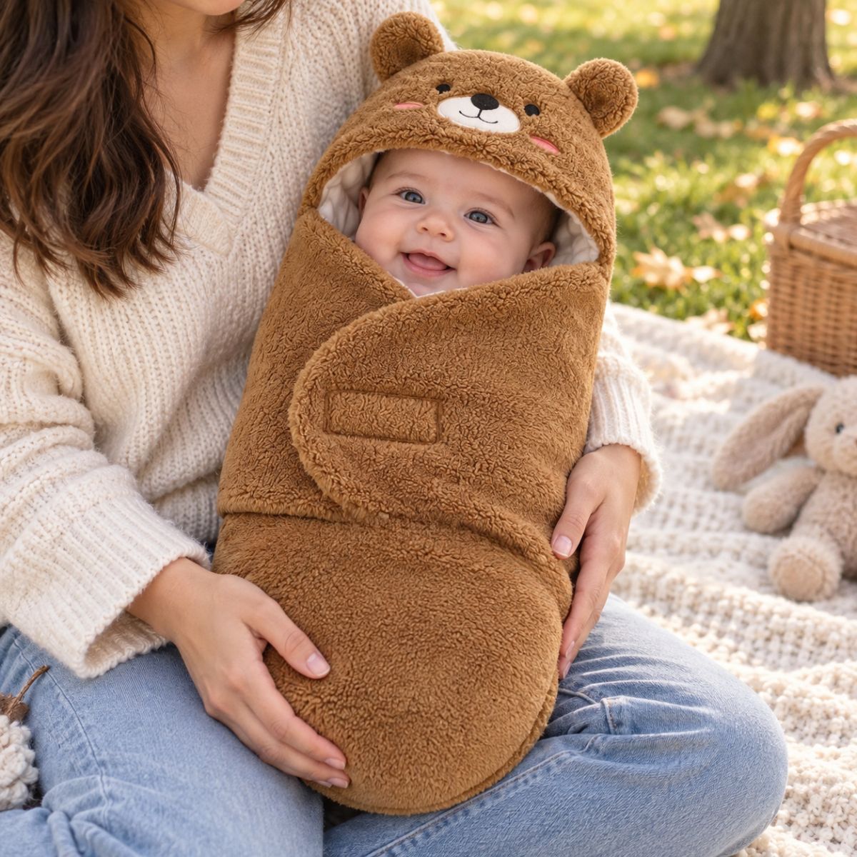 Bébé installé dans un nid d'ange 0 à 6 mois marron avec rabat fermé et motif ourson