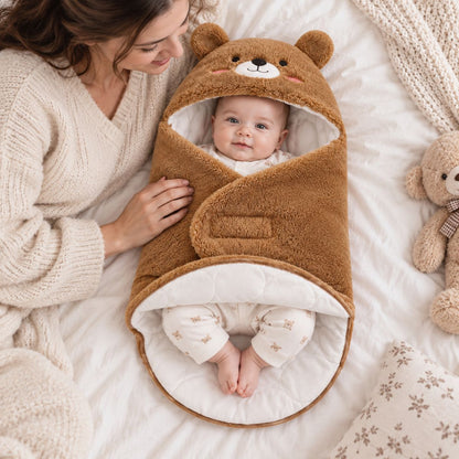 Bébé installé dans un nid d'ange 0 à 6 mois marron  avec rabat croisé et motif ourson