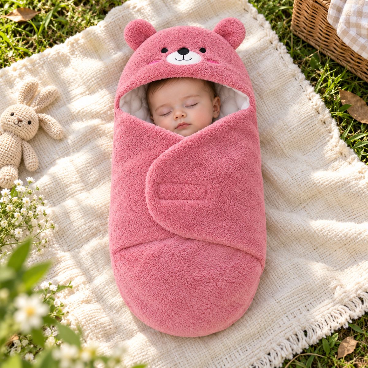Nid d'ange 0 à 6 mois rose avec bébé installé, rabat fermé et motif ourson