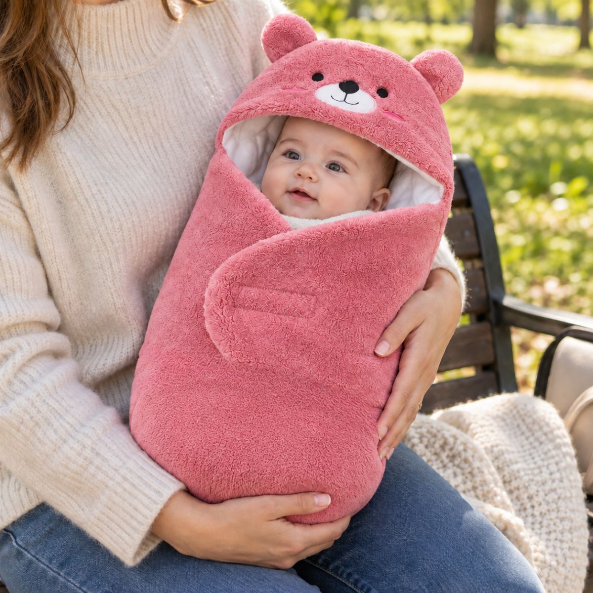 Bébé installé dans un nid d'ange 0 à 6 mois rose en forme enveloppante avec capuche à oreilles