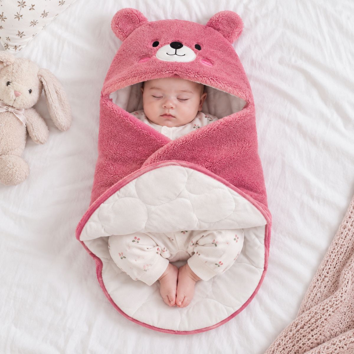 Bébé installé dans un nid d'ange 0 à 6 mois rose avec partie basse ouverte et capuche à oreilles