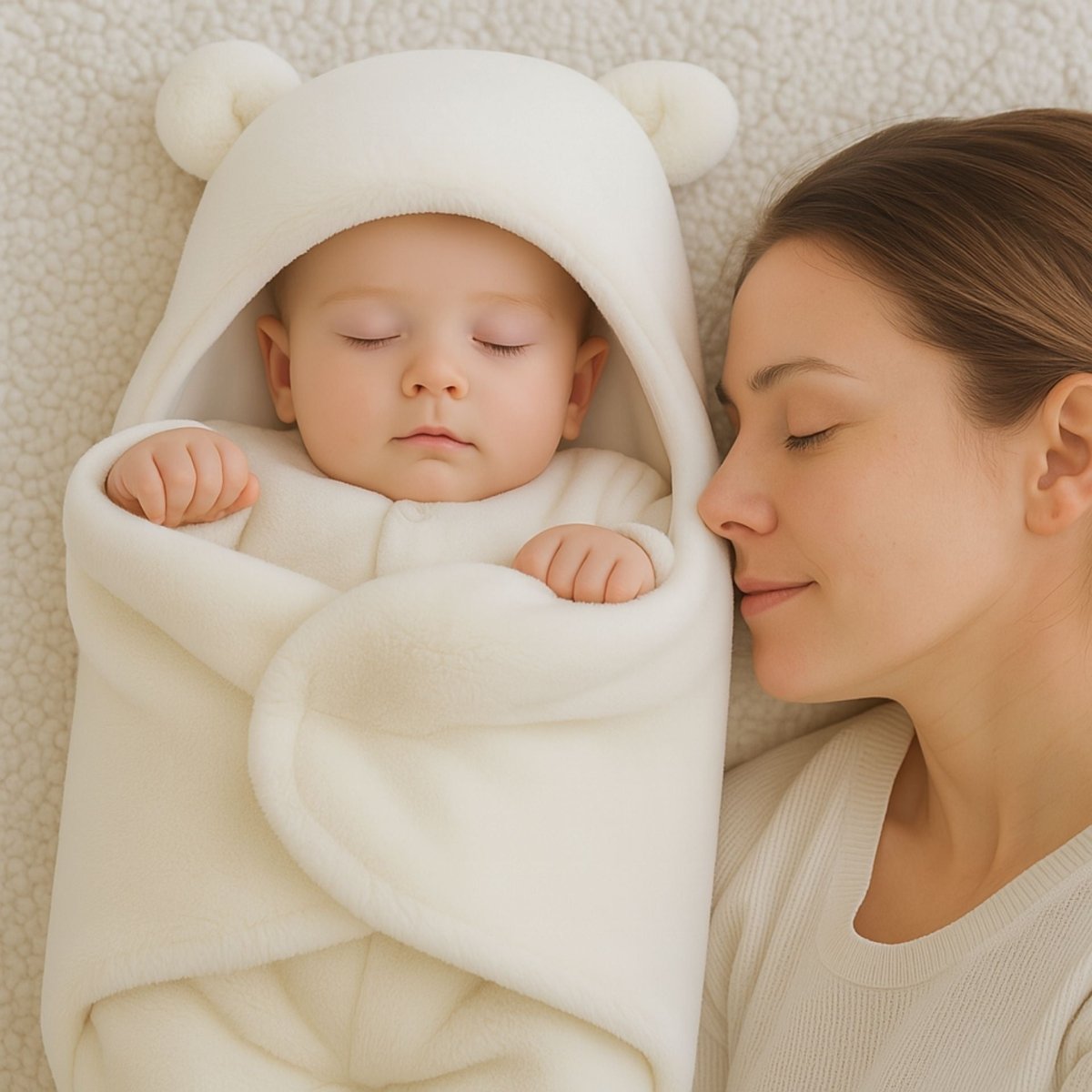 Bébé endormi dans un nid d’ange blanc au tissu doux, couché près de sa maman