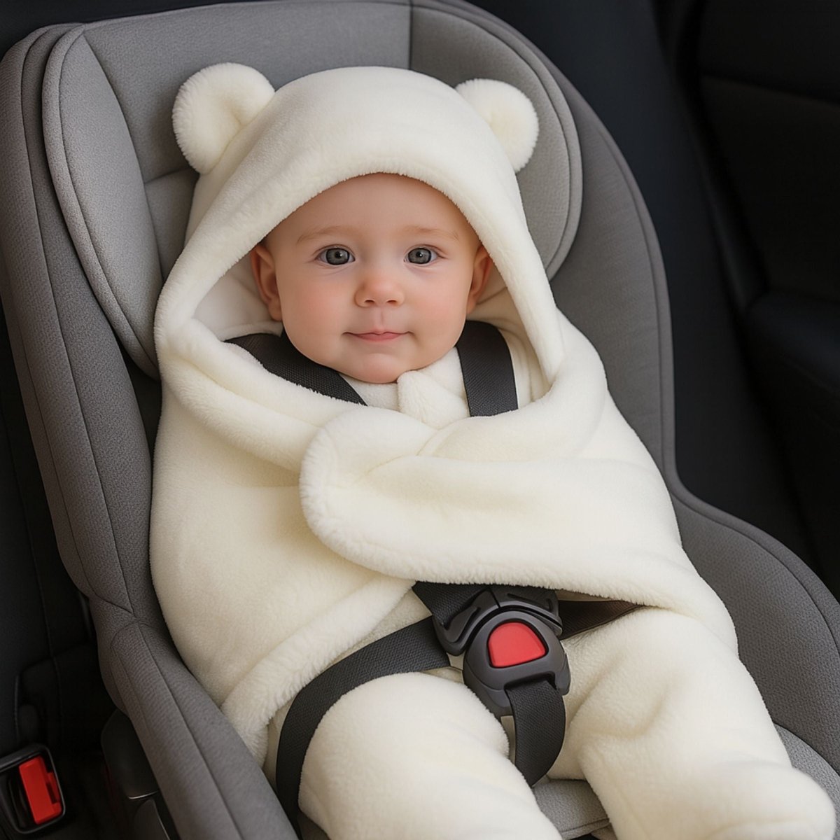 Bébé assis dans un siège-auto, emmailloté dans un nid d’ange blanc à capuche douce