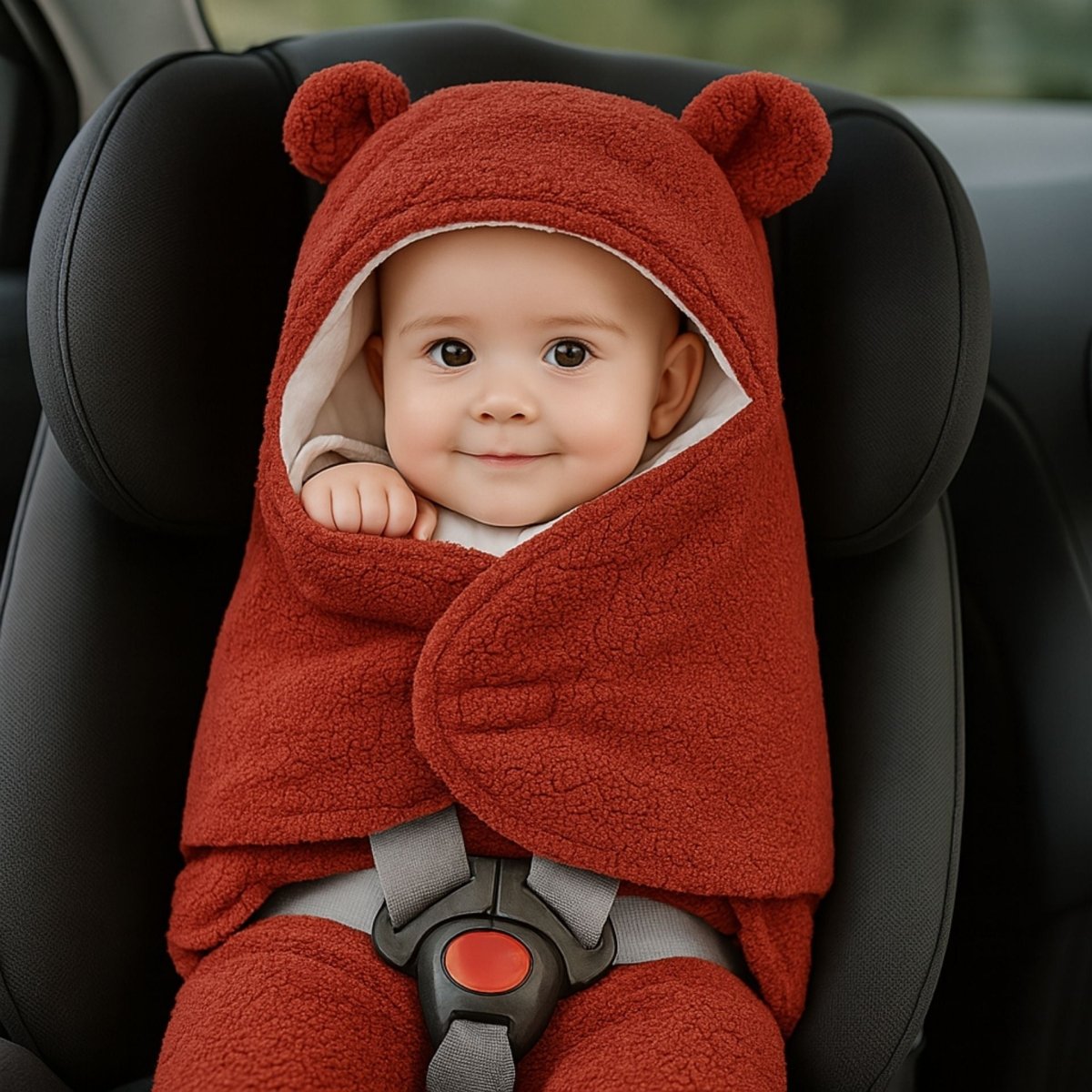Bébé souriant dans un nid d’ange rouge au maintien ajusté, installé dans un siège-auto confortable.