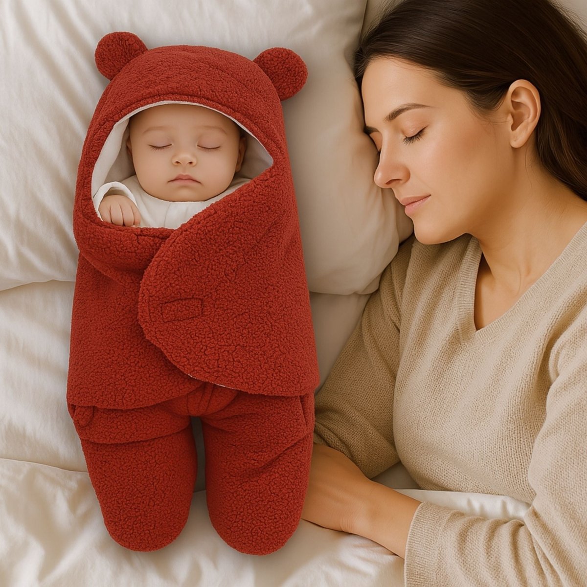 Nid d’ange rouge en tissu polaire, bébé paisible dormant contre sa maman