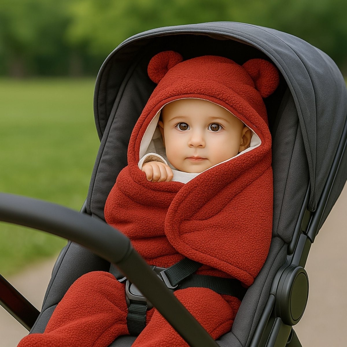 Nid d’ange rouge porté en poussette, bébé attentif et bien emmitouflé