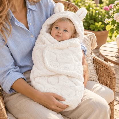 Nid d’ange bébé blanc texturé avec capuche à oreilles et rabat frontal enveloppant, porté dans les bras en extérieur