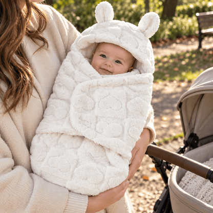 Nid d’ange bébé blanc avec tissu texturé en relief et capuche à oreilles, porté dans les bras près d’une poussette