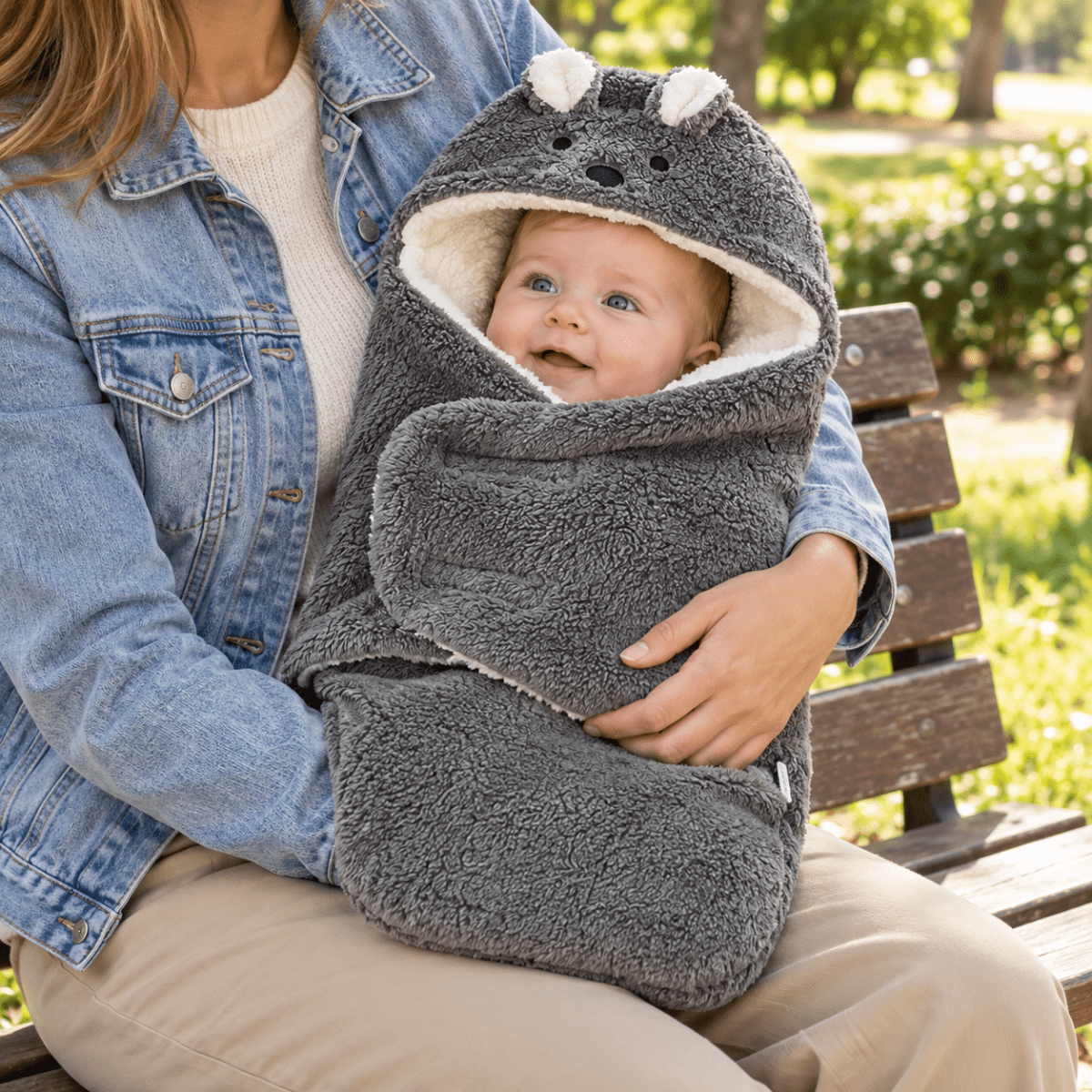 Nid d’ange bébé gris foncé à capuche animale, porté sur les genoux, avec rabat frontal et intérieur blanc effet moutonné