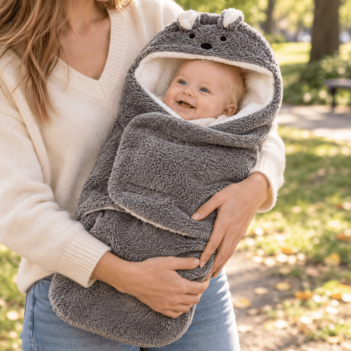 Nid d’ange bébé gris foncé avec capuche animale à petites oreilles, doublure blanche effet moutonné et rabat frontal
