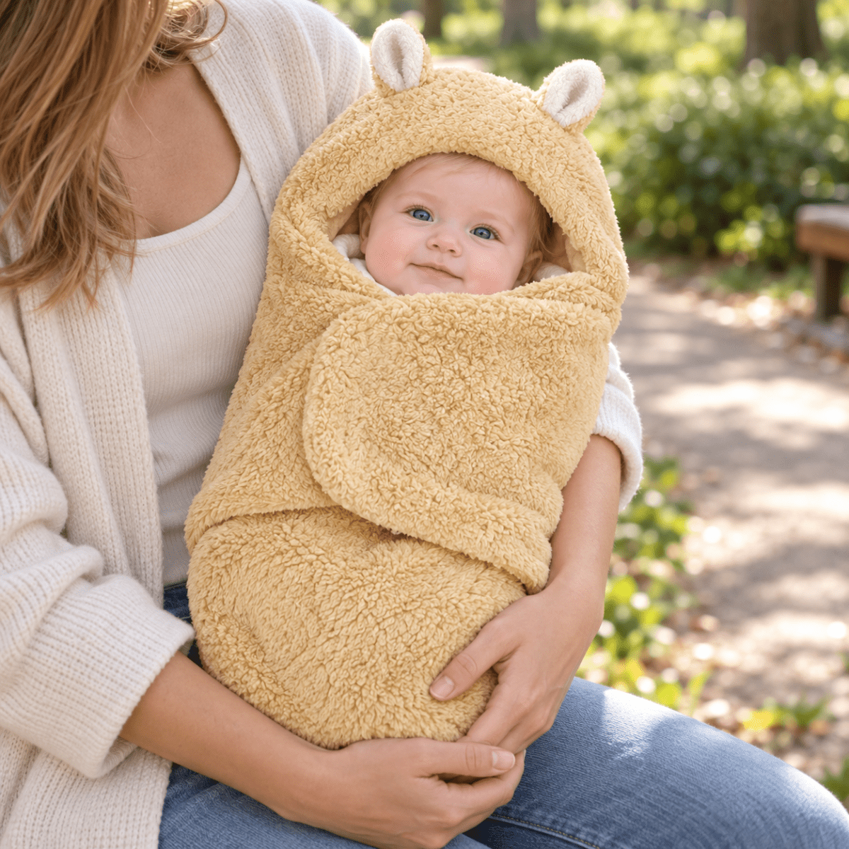 Nid d’ange bébé jaune clair à capuche animale, présenté sur les genoux avec son rabat frontal enveloppant