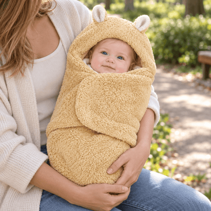 Nid d’ange bébé jaune clair à capuche animale, présenté sur les genoux avec son rabat frontal enveloppant