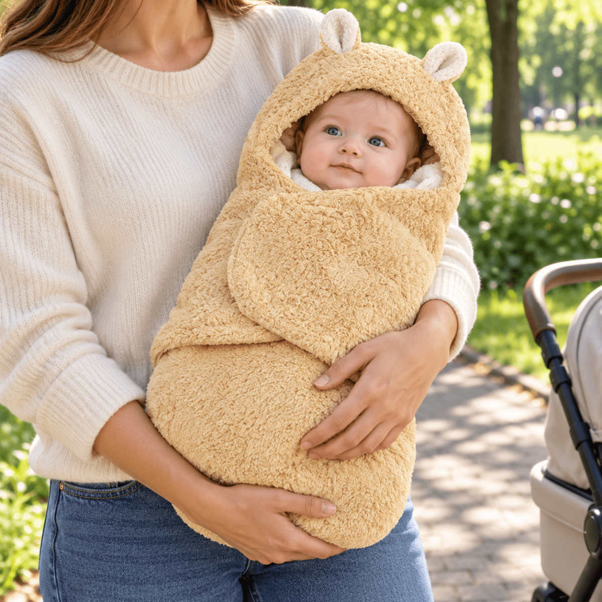 Nid d’ange bébé jaune clair à effet moutonné, avec capuche à oreilles et rabat frontal, porté dans les bras