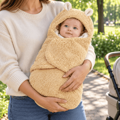 Nid d’ange bébé jaune clair à effet moutonné, avec capuche à oreilles et rabat frontal, porté dans les bras