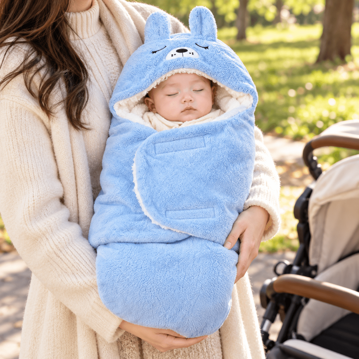 Nid d’ange bébé bleu avec capuche à longues oreilles de lapin, doublure blanche effet moutonné et rabat frontal, porté dans les bras près d’une poussette