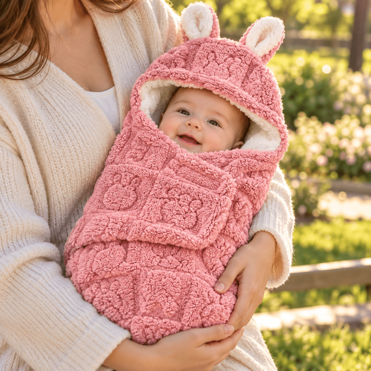 Nid d’ange bébé rose avec capuche à longues oreilles de lapin, doublure blanche effet moutonné et forme enveloppante