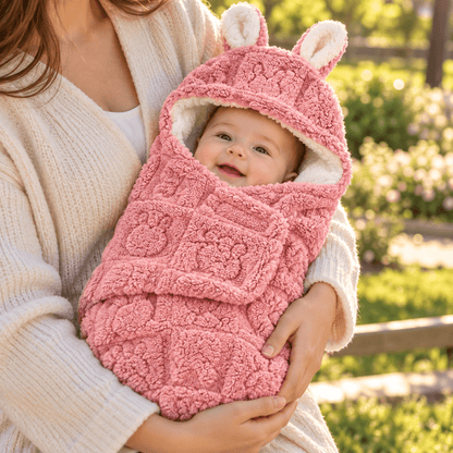 Nid d’ange bébé rose avec capuche à longues oreilles de lapin, doublure blanche effet moutonné et forme enveloppante