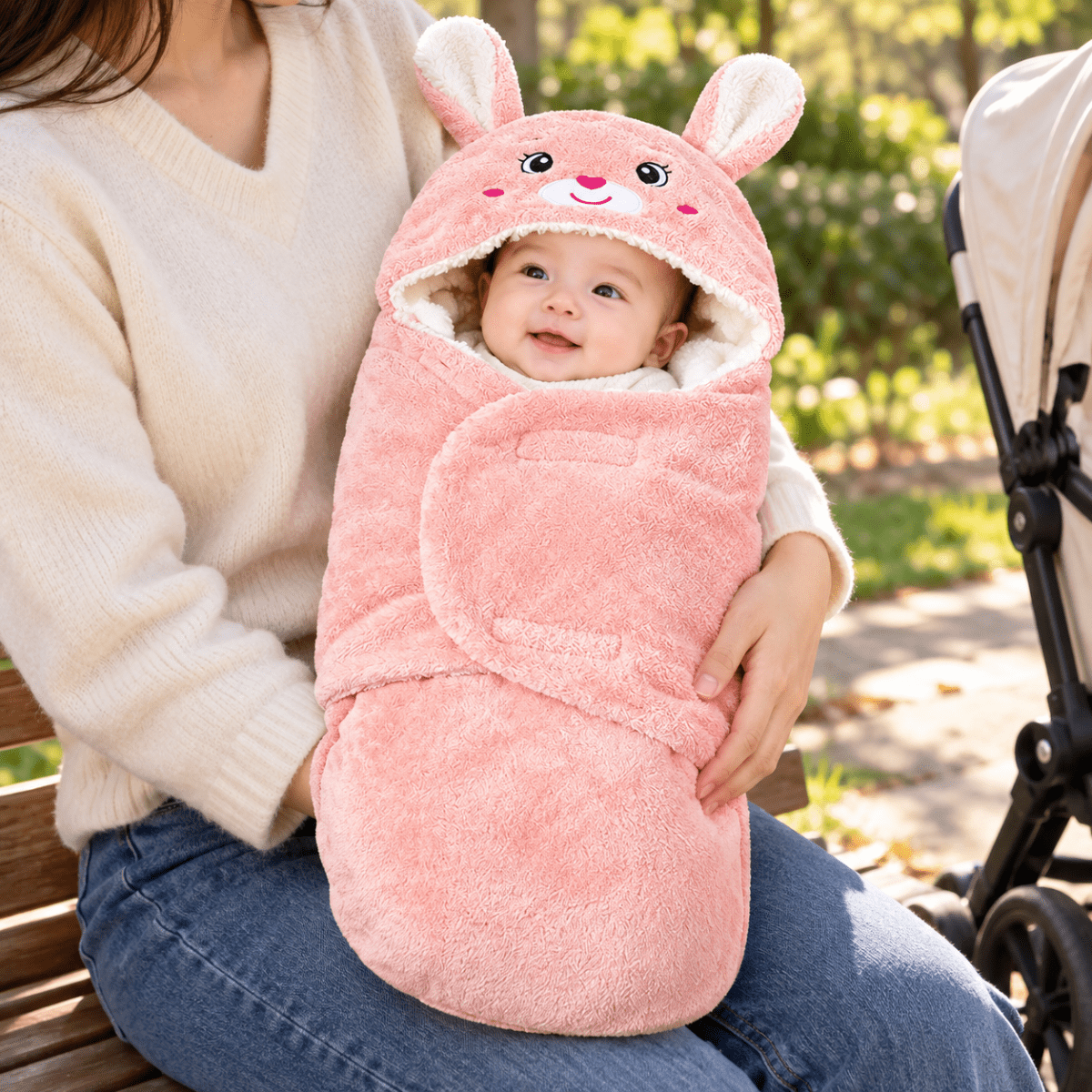 Nid d’ange bébé rose à capuche de lapin avec longues oreilles, porté sur les genoux d’une femme en extérieur