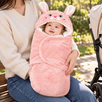 Nid d’ange bébé rose à capuche de lapin avec longues oreilles, porté sur les genoux d’une femme en extérieur