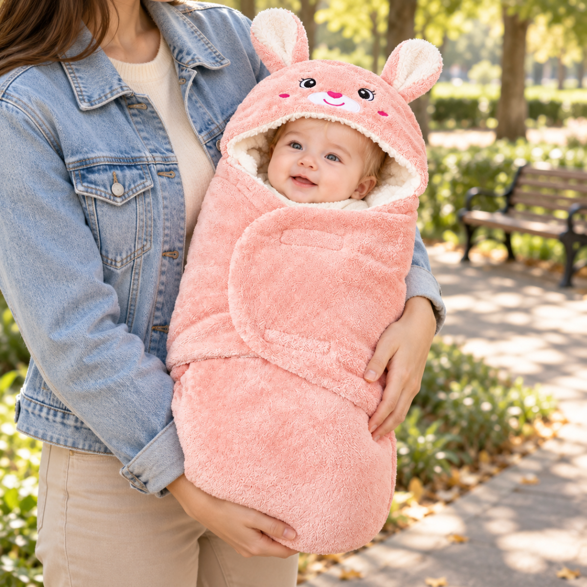 Nid d’ange bébé rose avec capuche à longues oreilles de lapin et intérieur blanc effet moutonné, tenu dans les bras en extérieur
