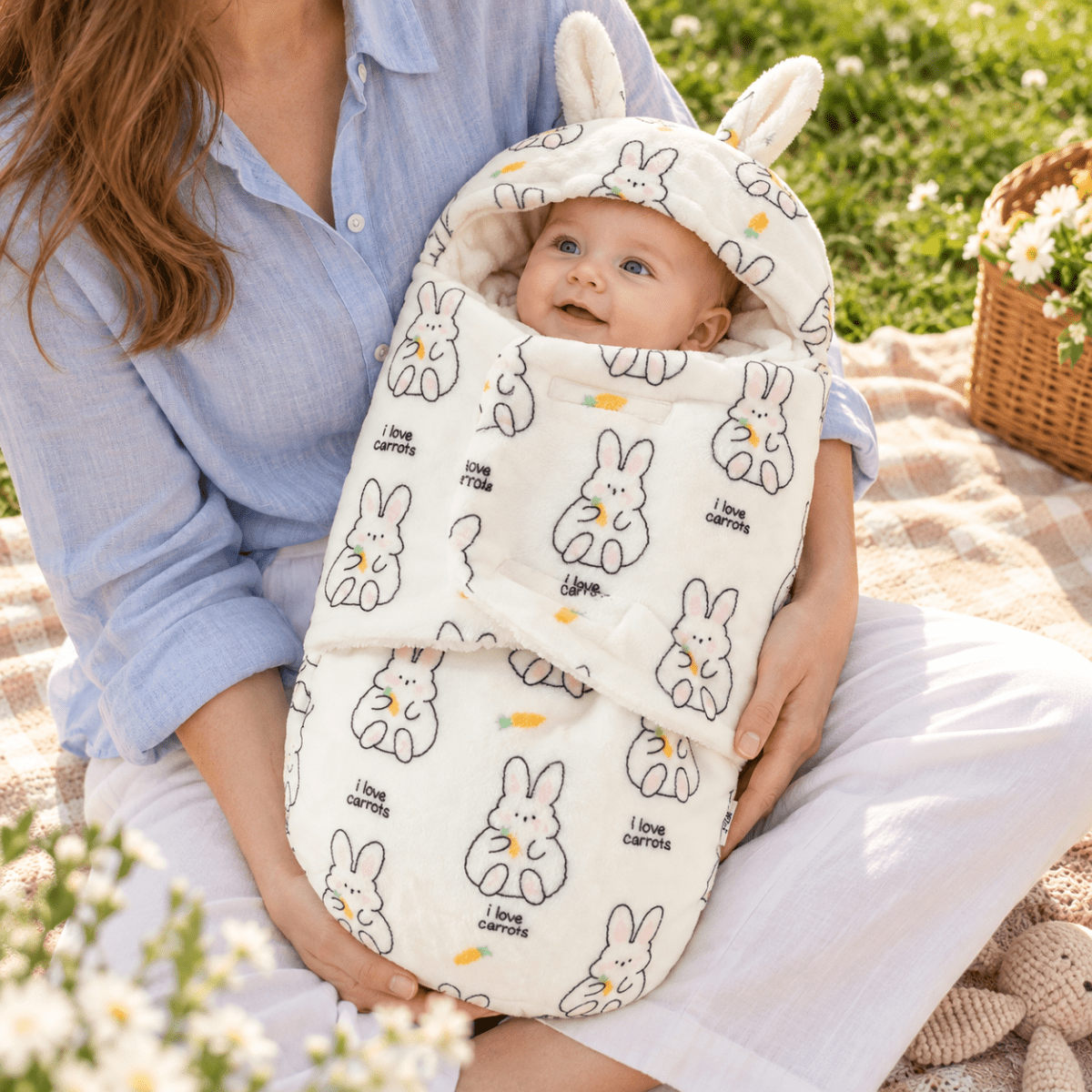 Nid d’ange bébé à motifs de lapins et de carottes, présenté sur les genoux avec son rabat frontal et sa capuche à longues oreilles