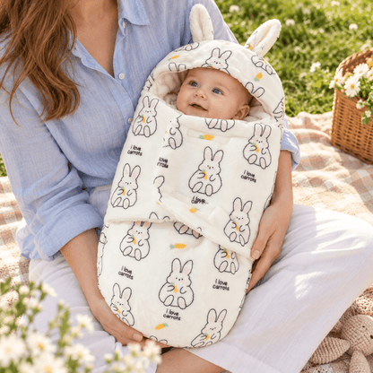 Nid d’ange bébé à motifs de lapins et de carottes, présenté sur les genoux avec son rabat frontal et sa capuche à longues oreilles