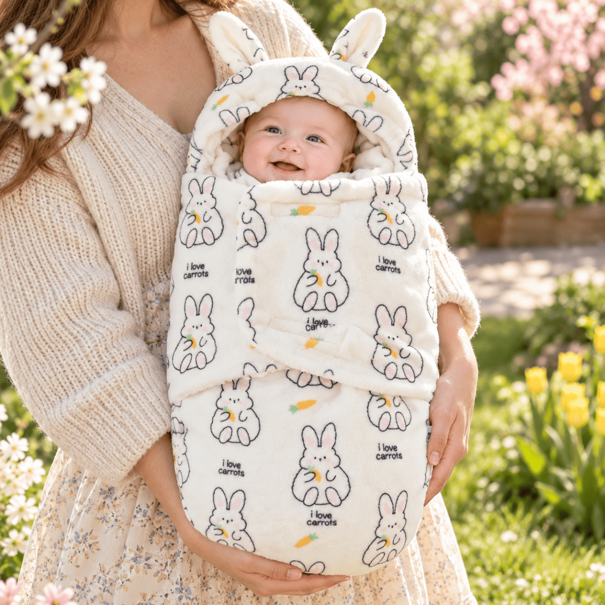 Nid d’ange bébé écru à motifs de lapins et de carottes, avec capuche à longues oreilles, porté dans les bras au jardin