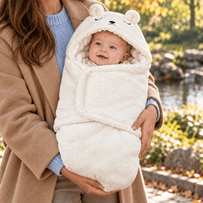 Nid d’ange bébé blanc à capuche ourson et tissu effet moutonné, porté dans les bras près d’un point d’eau