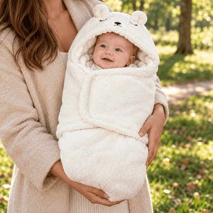 Nid d’ange bébé blanc à capuche ourson, avec petites oreilles et rabat frontal, porté dans les bras en extérieur