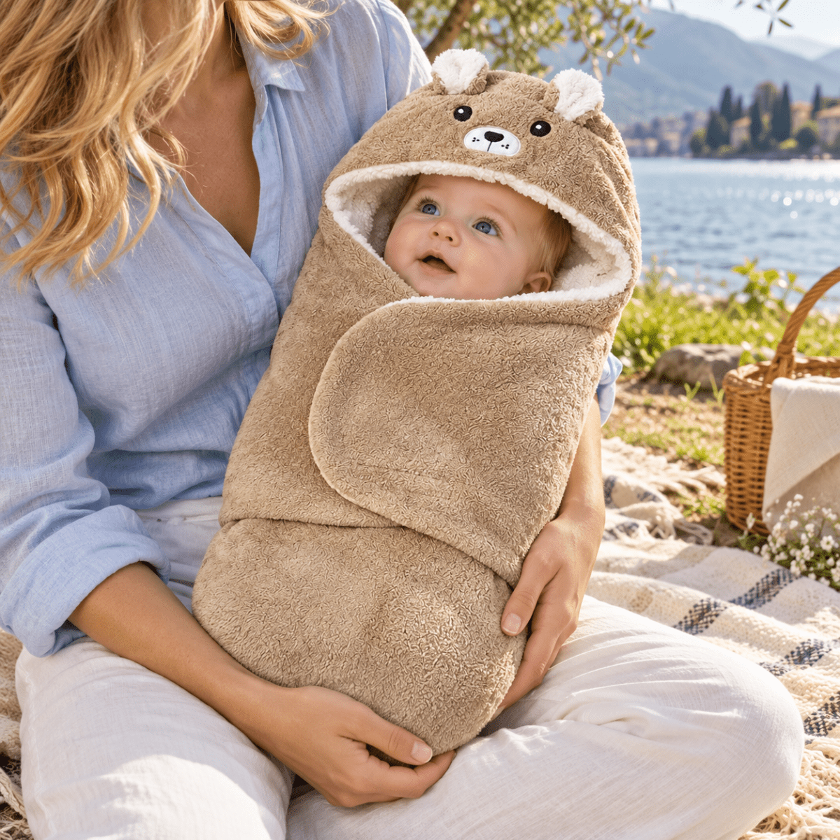 Nid d’ange bébé brun à capuche ourson et rabat frontal enveloppant, porté dans les bras au bord d’un lac