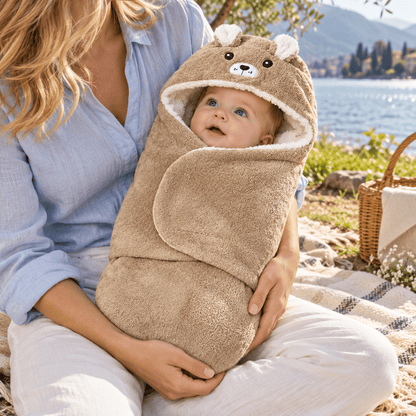 Nid d’ange bébé brun à capuche ourson et rabat frontal enveloppant, porté dans les bras au bord d’un lac