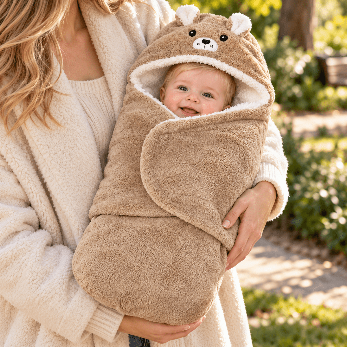 Nid d’ange bébé brun uni porté dans les bras, avec capuche à visage d’ourson, petites oreilles et doublure blanche effet moutonné