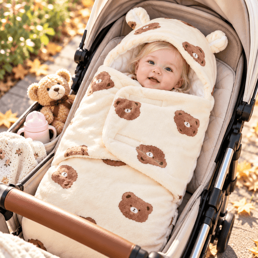 Nid d’ange bébé écru à motifs d’oursons bruns, avec capuche à oreilles, présenté dans une poussette